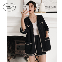 With chest pad pajamas women spring and summer fashion small fragrance wind seven-point sleeve summer condole belt shorts cotton home clothing three-piece suit