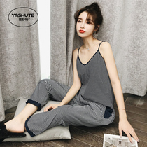 Spring and summer cotton Womens pajamas sexy V-collar womens suspenders wearing nightskirts summer cotton home wear trousers