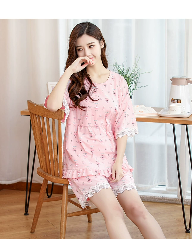 Quần cotton cotton cotton tháng tháng dành cho phụ nữ mang thai Bộ đồ ngủ mùa hè dễ thương Quần short ngắn tay sau sinh cho con bú dịch vụ điều dưỡng tại nhà - Giải trí mặc / Mum mặc