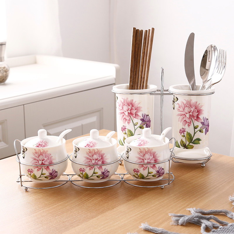 Sauce Box Kitchen KITCHEN CERAMIC SEASONING JARS SALT SUGAR CHILI OIL SEASONED JAR DOUBLE CHOPSTICK CYLINDER COMBINED SUIT CHOPSTICKS BASKET