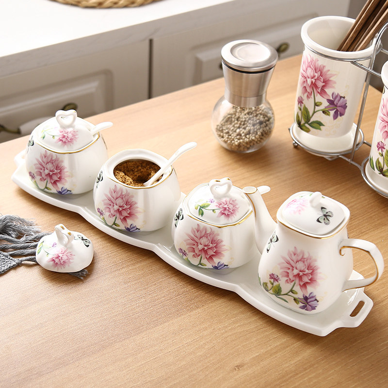 Crown Woo Ceramic Oil Salt Tank Seasoned Tank Suit Creative Kitchen Seasoning box suit Home Combined equipped with lid