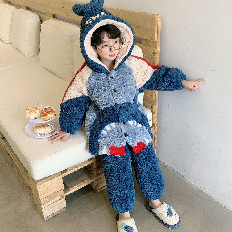 Children's pajamas Boy boy winter three-layer padded thickened super thick coral velvet winter flannel home clothes