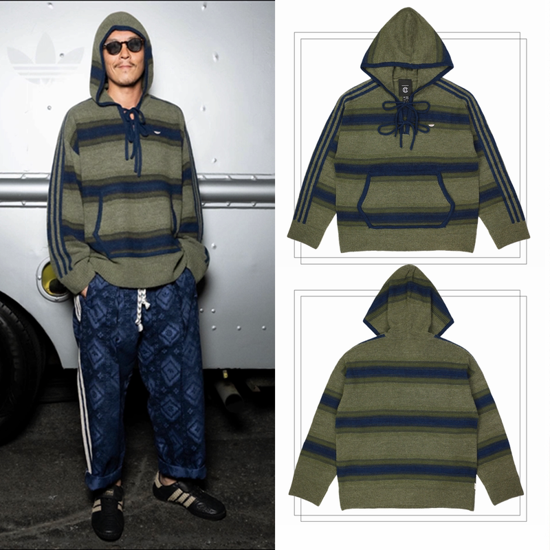 Edison Chen's Same Style Trendy Pullover Hooded 26S Sweatshirt for Men with Color-Blocked Stripes, Ultra-Wide Sports Long-Sleeve V-Neck Knitwear