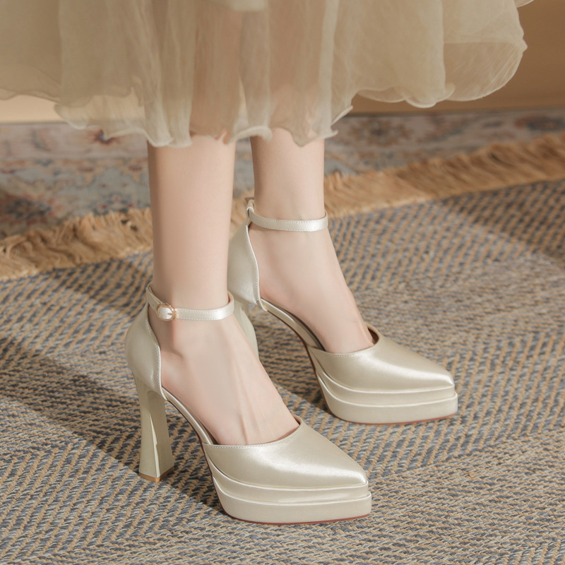 Socialite Style Pointed Toe Chunky Heel Hollow Double-Layer Waterproof Platform Ultra-High Heel Single Shoes for Women 2025 Wedding Shoes Bridal Shoes