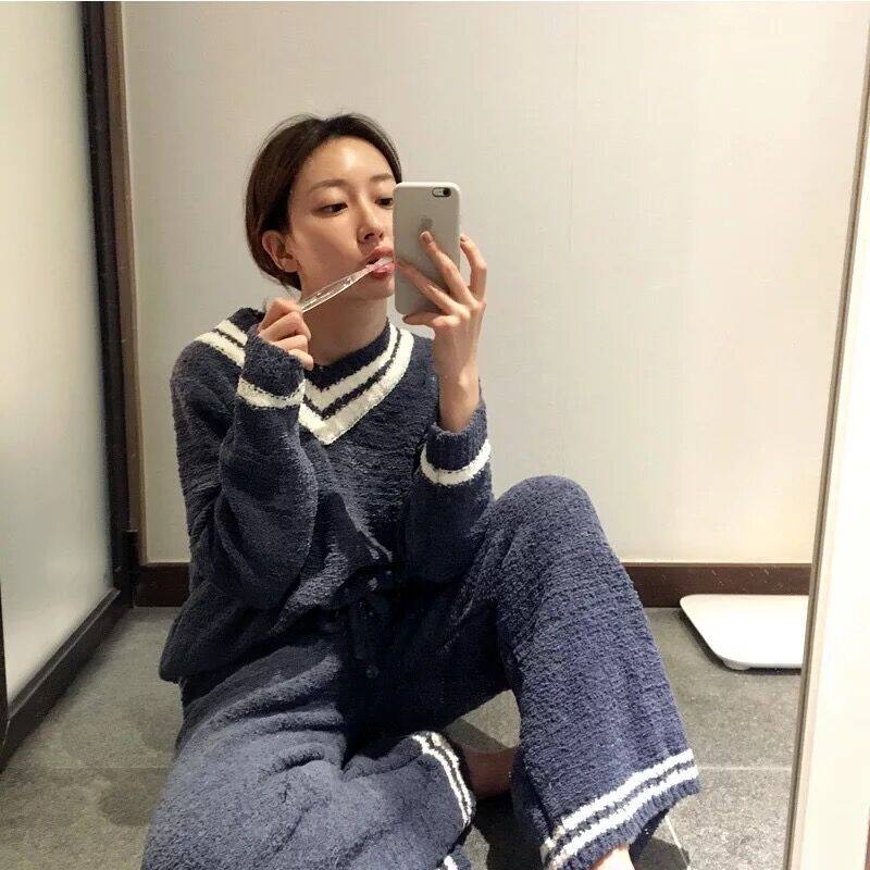 Japan JULIPET Soft Mian Sleeping Woman Winter Sweet and Lovely Long sleeves V Collar Home Suit Suit