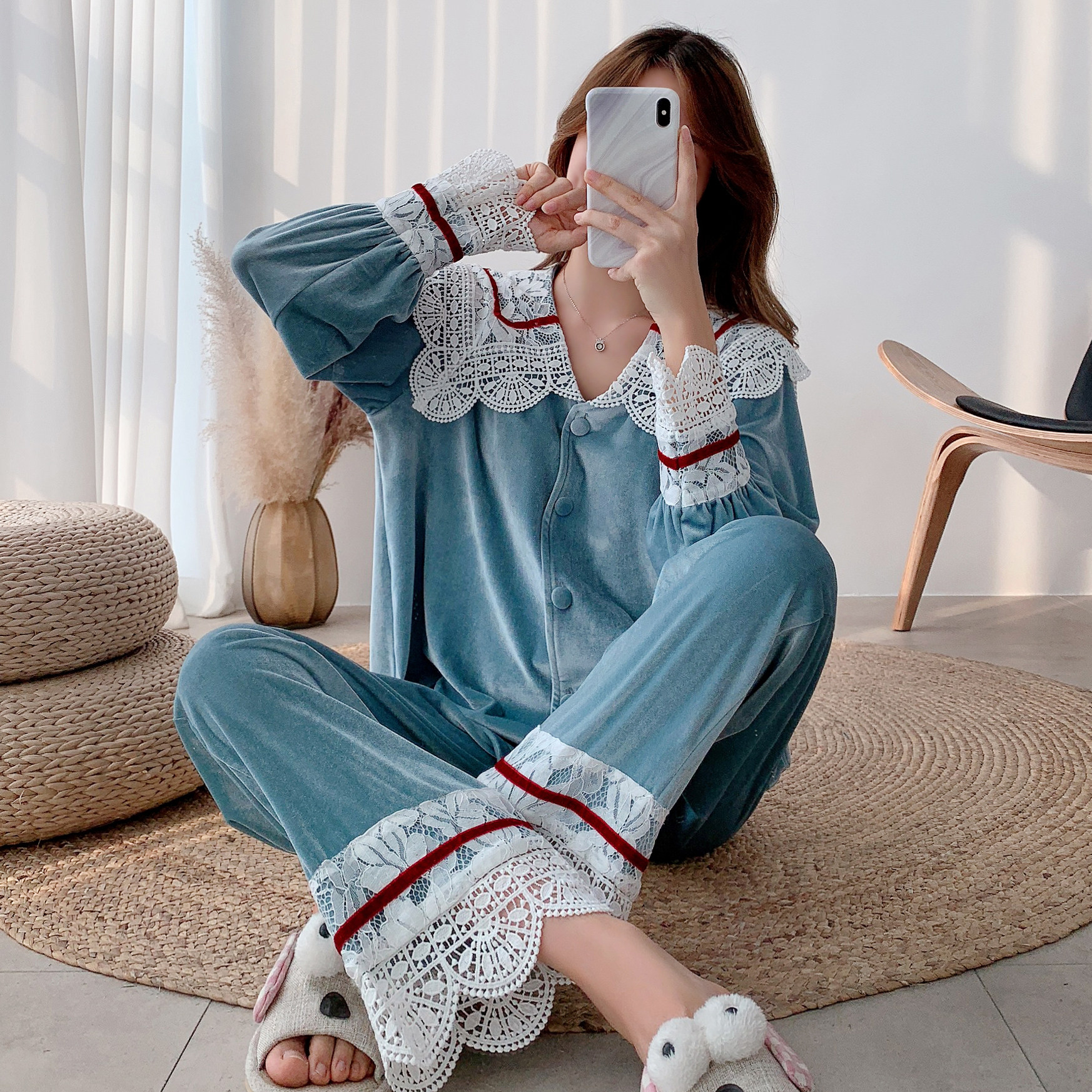 Japan JULIPET Sleeping Women's Autumn Winter Princess Wind Palace Golden Velvety Velvet Cute Home Wear