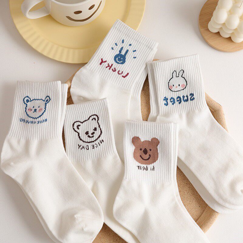 Japanese GP Small Bear Midbarrel Socks Girl's Tide Day Ensemble Cute Spring Autumn Pure Cotton Longstocking Slim Socks