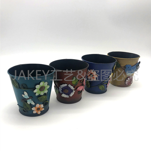 Classic Solid Iron Art Appliquet Colored Drawing Small Iron Barrel Fashion Flower Basket Colorful Flower Pot Vase