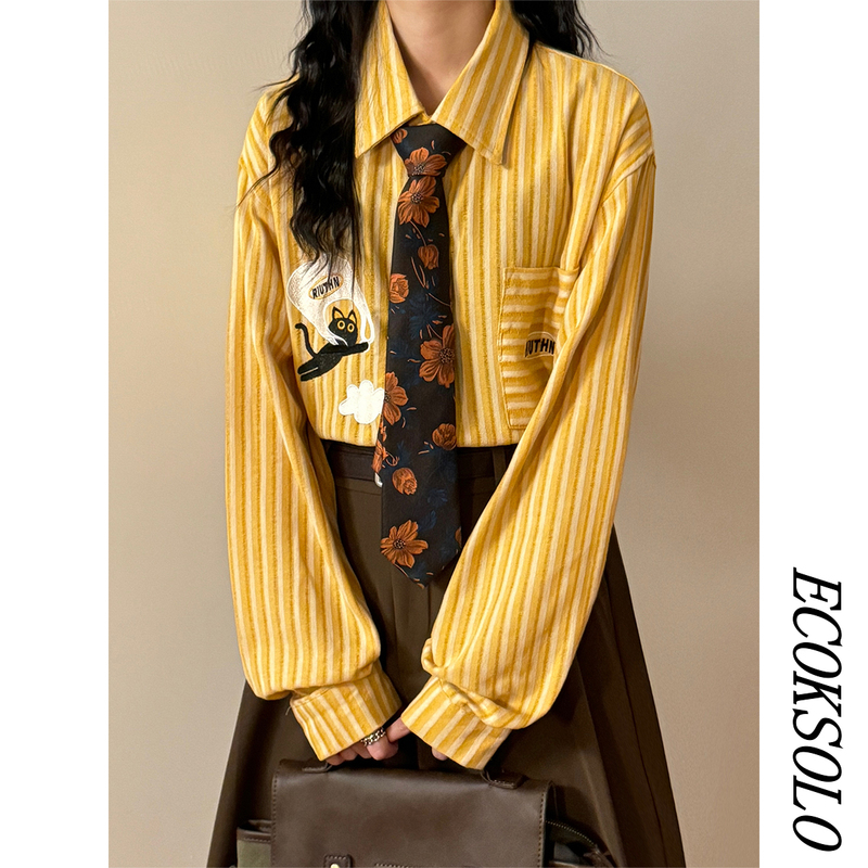 Ecoksolo Autumn Japanese Retro Trendy Brand Fun Cat Embroidery Loose Striped Casual Long-Sleeve Shirt Top Ecoksolo Autumn Japanese Retro Trendy Brand Fun Cat Embroidery Loose Striped Casual Long-Sleeve Shirt Top