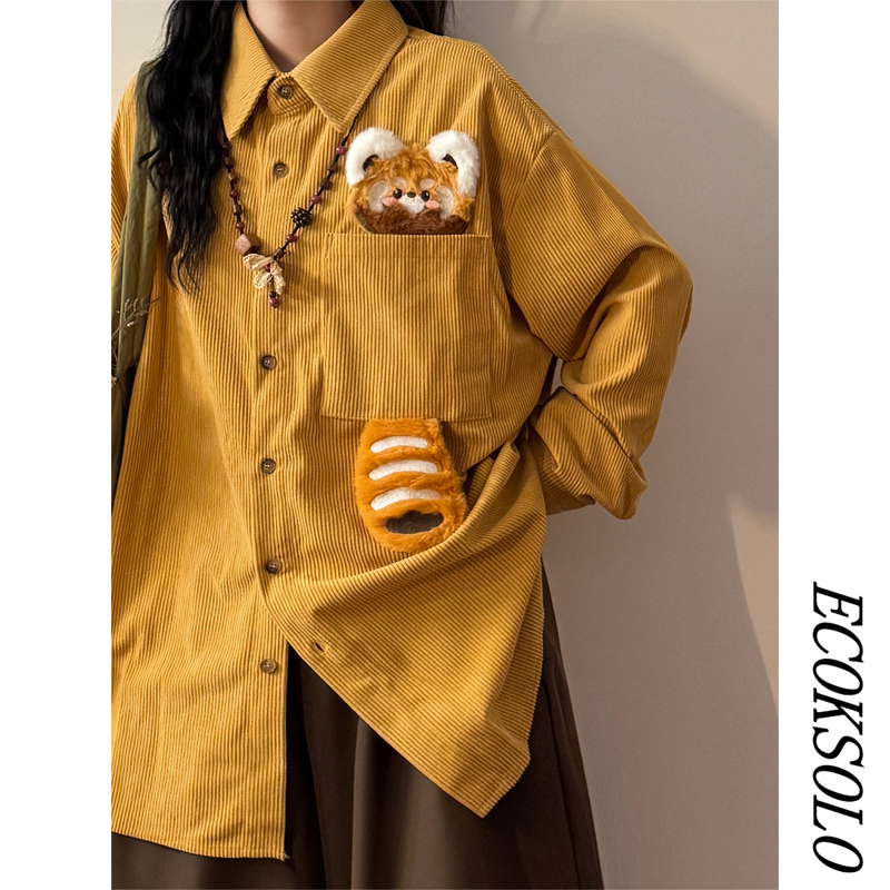 Ecoksolo Original Fun 3D Cartoon Red Panda Design Long-Sleeved Shirt Autumn New Corduroy Shirt Ecoksolo Original Fun 3D Cartoon Red Panda Design Long-Sleeved Shirt Autumn New Corduroy Shirt