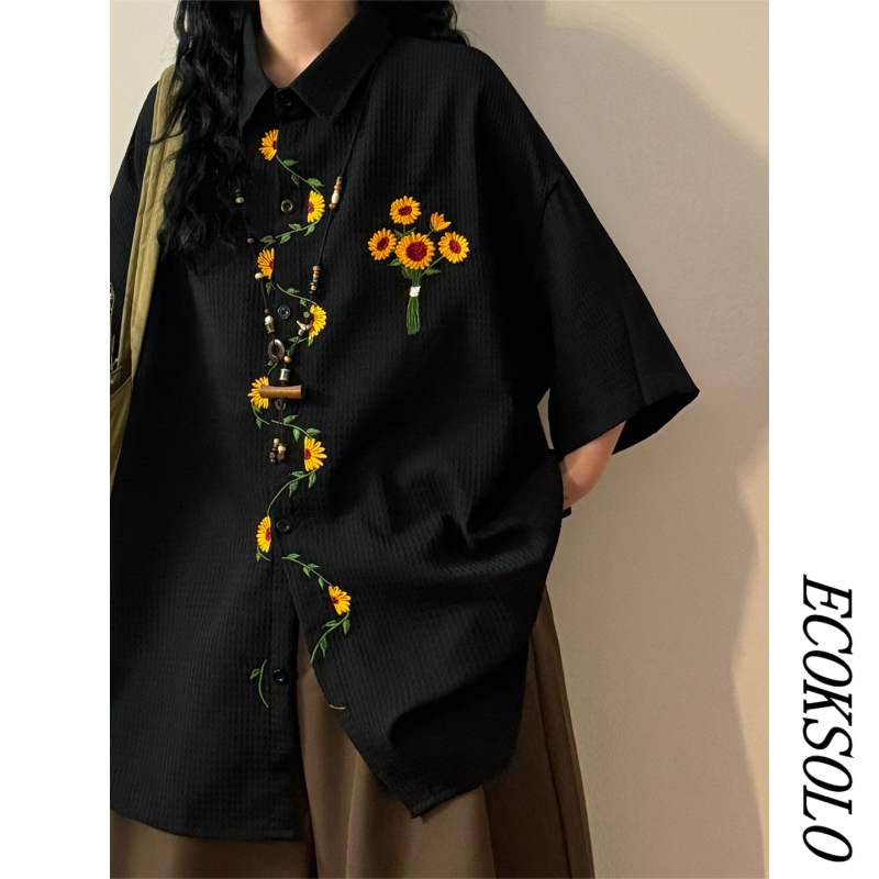 Ecoksolo2026 Summer Japanese Style Retro Sunflower Embroidered Shirt for Men and Women Loose Street Style Short-Sleeved Tops Ecoksolo2026 Summer Japanese Style Retro Sunflower Embroidered Shirt for Men and Women Loose Street Style Short-Sleeved Tops