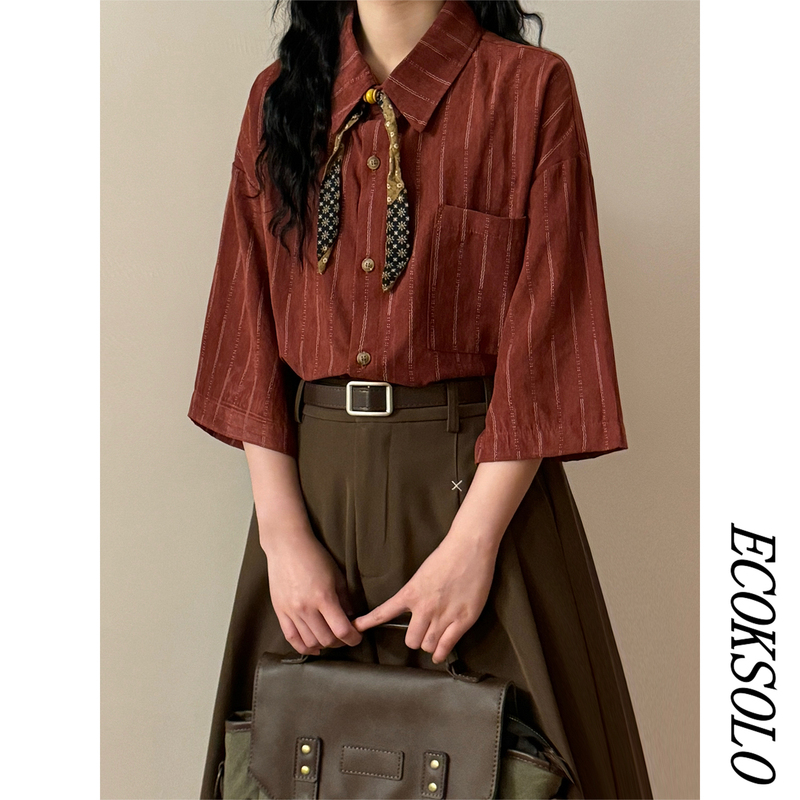 Ecoksolo2026 Summer American Retro Design Striped Tie Decoration Loose Short-Sleeved Shirt Women's Top