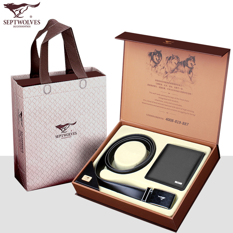 Seven Wolves Leather Belts Wallet Gift Box Set of Genuine Leather Money Nip Bull Leather Belt Fathers Emotional Valentine's Day Boyfriend Birthday