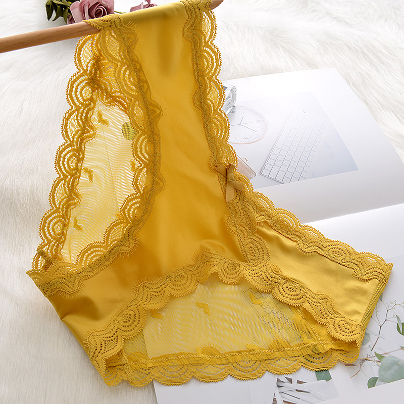Low waist sexy lace panties women ice silk transparent mesh women temptation briefs breathable cotton bottom file thin