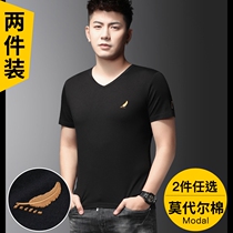 2022 Summer New Modal Cotton Short Sleeve T-shirt Men's Creative Personality Half Sleeve T-shirt Korean Style Ice Silk V-Neck Clothes