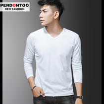  2021 new modal autumn long-sleeved t-shirt mens v-neck slim-fit pure white mens bottoming shirt trend top clothes