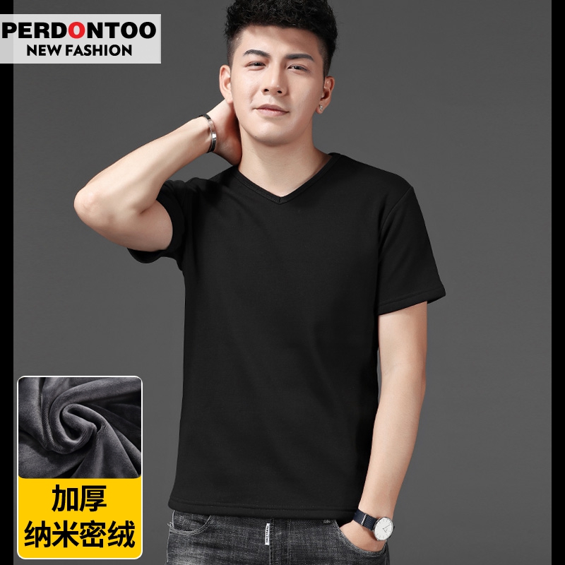 Autumn and winter plus velvet thick short-sleeved T-shirt men's v-neck solid color undershirt slim half-sleeve men's body shirt warm clothes