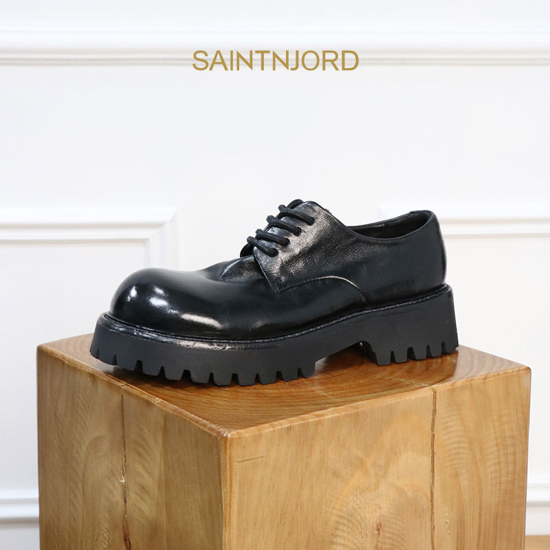 Saint Niyode Vintage Washed Horsehide Genuine Leather Trendy Dark Casual Large-Toe Shoes with Height-Increasing Thick Soles Derby Shoes
