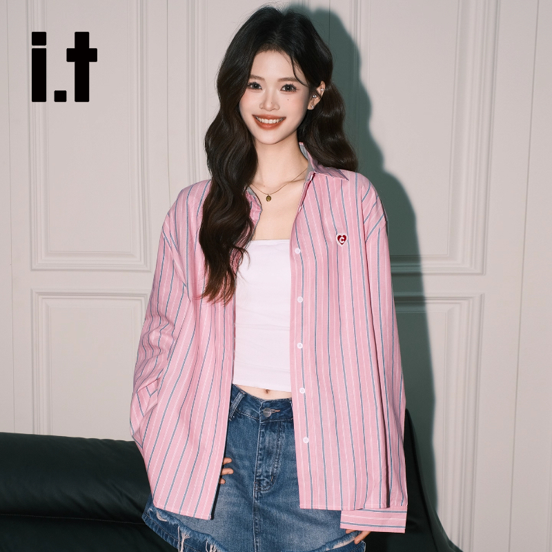 It:Chocoolate Korean-Style Chic Pink Striped Long-Sleeve Shirt for Women, New Loose Polo Top Jacket
