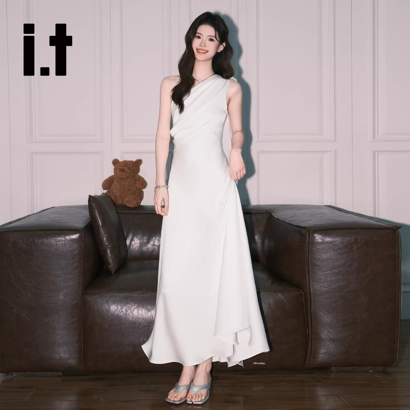 It:Chocoolate French-Style White One-Shoulder Dress for Women with Unique Ribbon Diagonal Neckline, Waist-Cinching A-Line Long Dress