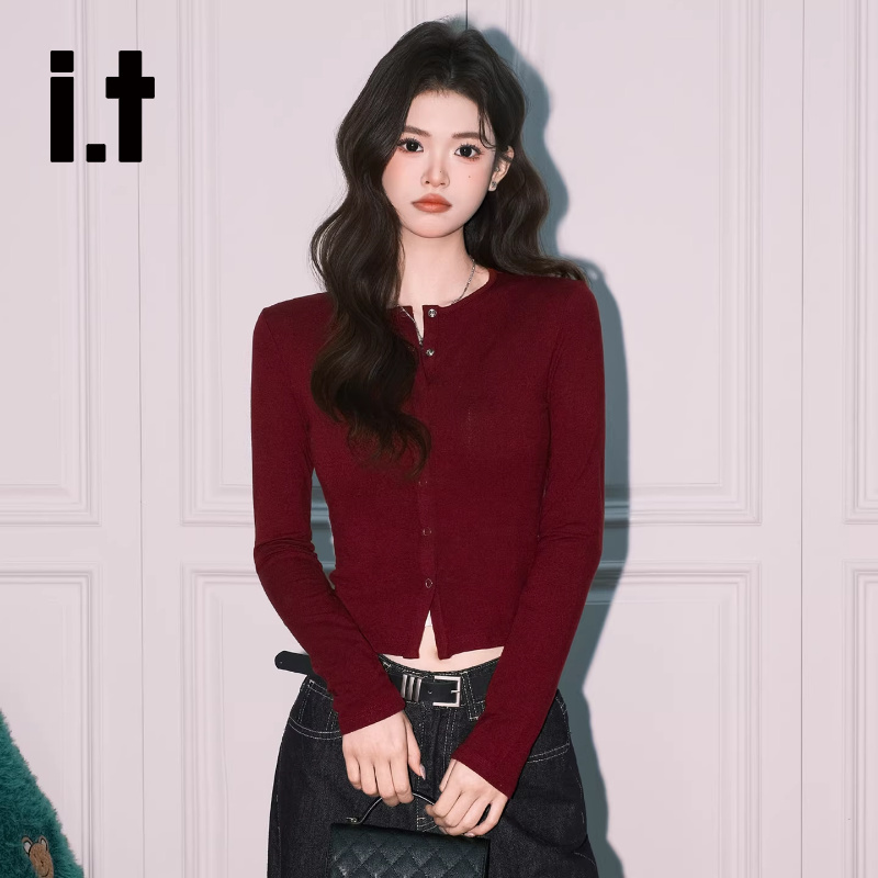It:Chocoolate Retro Christmas Red Knitted Cardigan for Women, Winter Elegant Slim-Fit Long-Sleeve Atmospheric Top