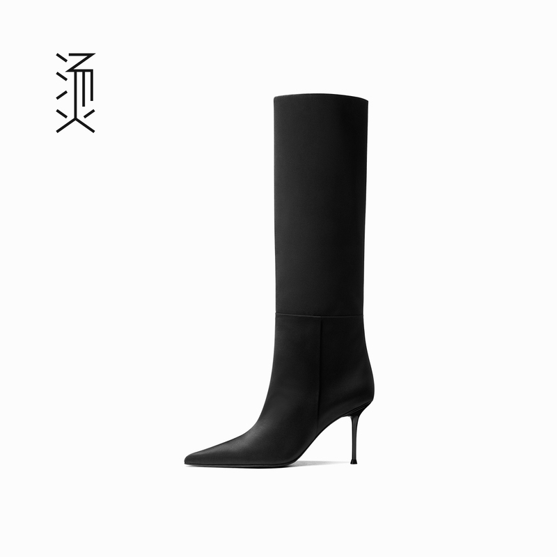 Black Fabric Pointed Toe Stiletto Heels, New Autumn and Winter Style, Knee-High French Fashion, High-End Feel, Paired with a Coat, Women's Long Boots