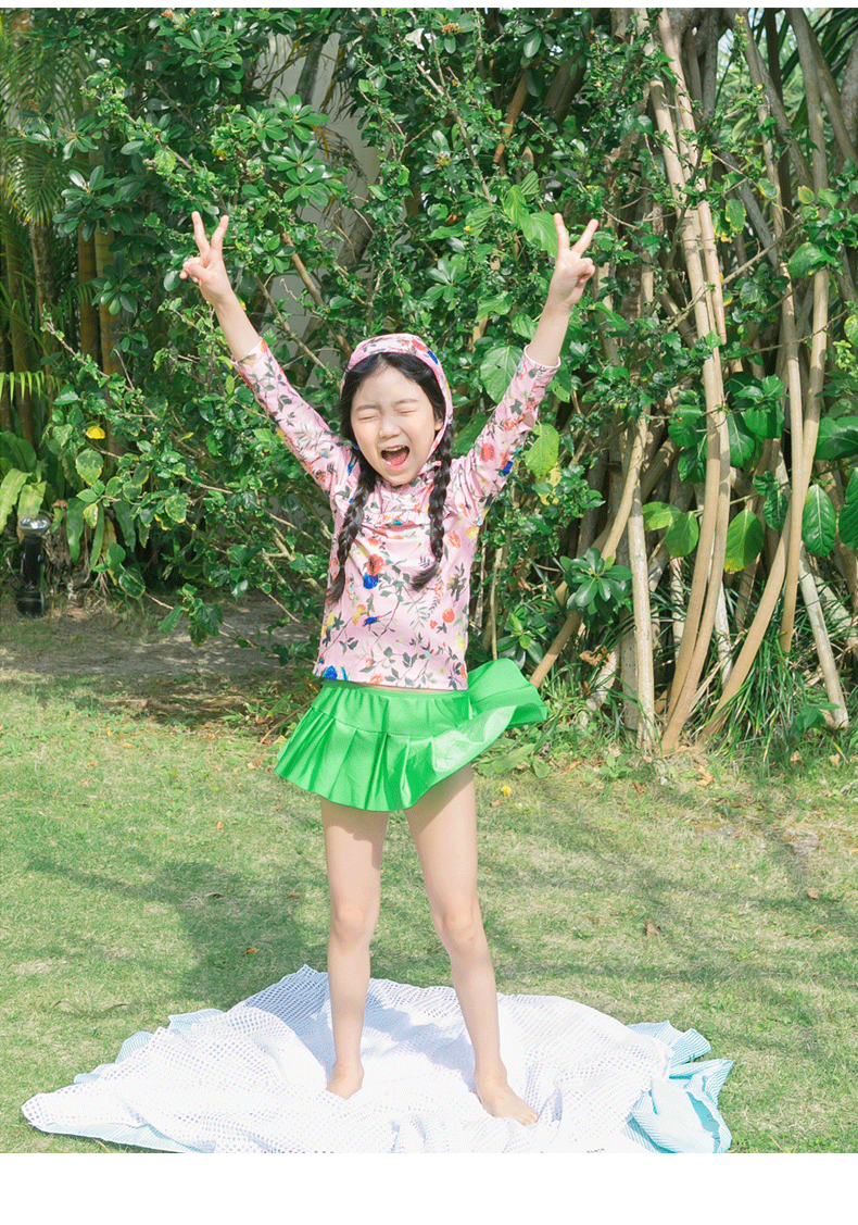 Quần áo trẻ em tình yêu lý tưởng 2018 hè mới cho bé gái phiên bản Hàn Quốc của bộ đồ bơi váy dài tay họa tiết hoa / JQUSW01 quần áo trẻ em