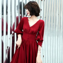 Toast dress bride 2021 new summer can usually wear V-neck thin red engagement dress back door dress