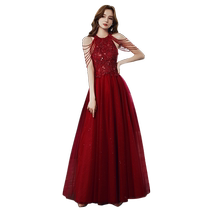 Toast Wear Bride 2024 New Wedding Wine Red Halter Sexy High-End Evening Gown Womens High-end Gauze Skirt