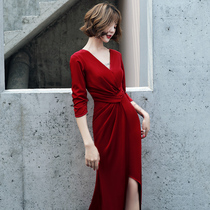 Red evening dress Female bride back door casual sexy v-neck wedding toast dress atmospheric can usually wear long models