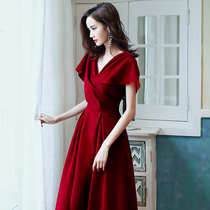 Toast dress bride 2021 new summer wine red v-neck thin wedding velvet dress female long section cover arm