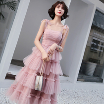 Temperament evening dress Female banquet Noble sexy suspender Birthday party Party dress socialite sweet medium long section