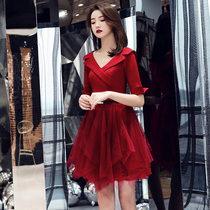 Red banquet evening dress skirt female v-neck elegant small suit style toast dress bride modern thin short section