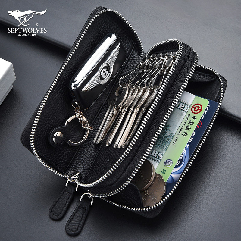 Seven Wolves Key Bag Carpack Two-in-one Men Multifunction Bull Leather single double layer Large capacity Laced Bike Lock Spoon Bag