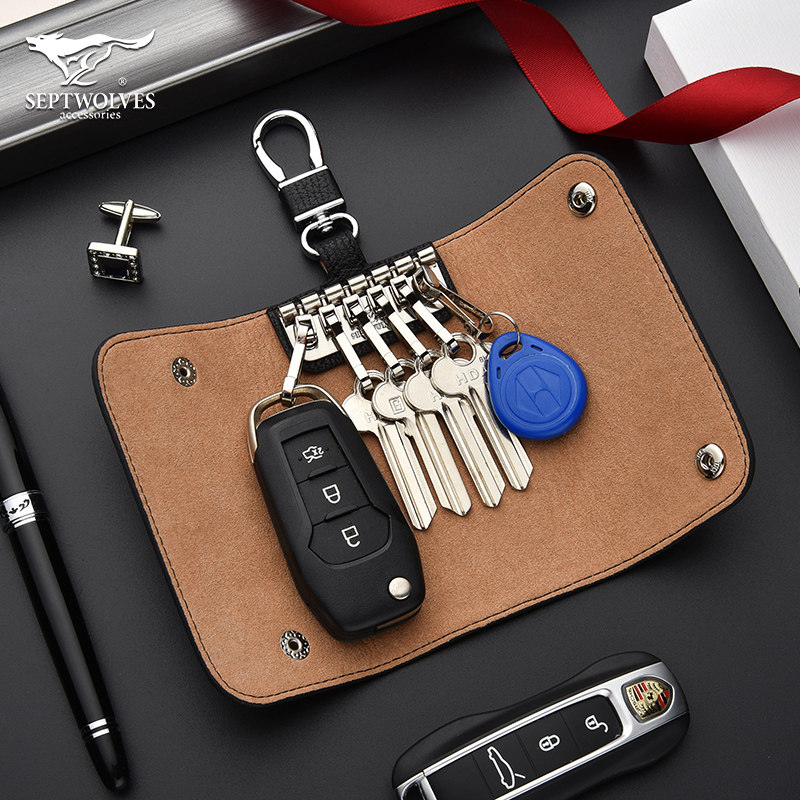 Seven Wolves Key Bag Men Genuine Leather Waist Hanging Home Car Lock Spoon Bag Containing Bull Leather Brief large capacity small