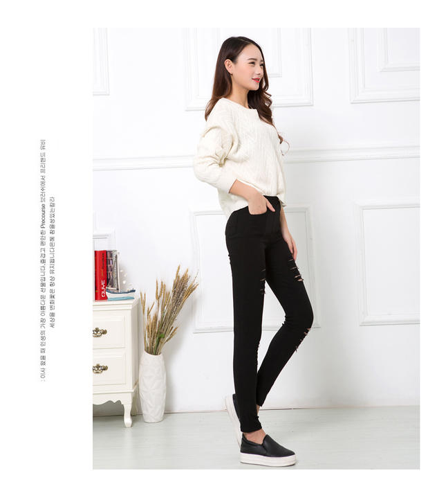 破洞仿牛仔裤女士高腰打底裤外穿夏大码黑色铅