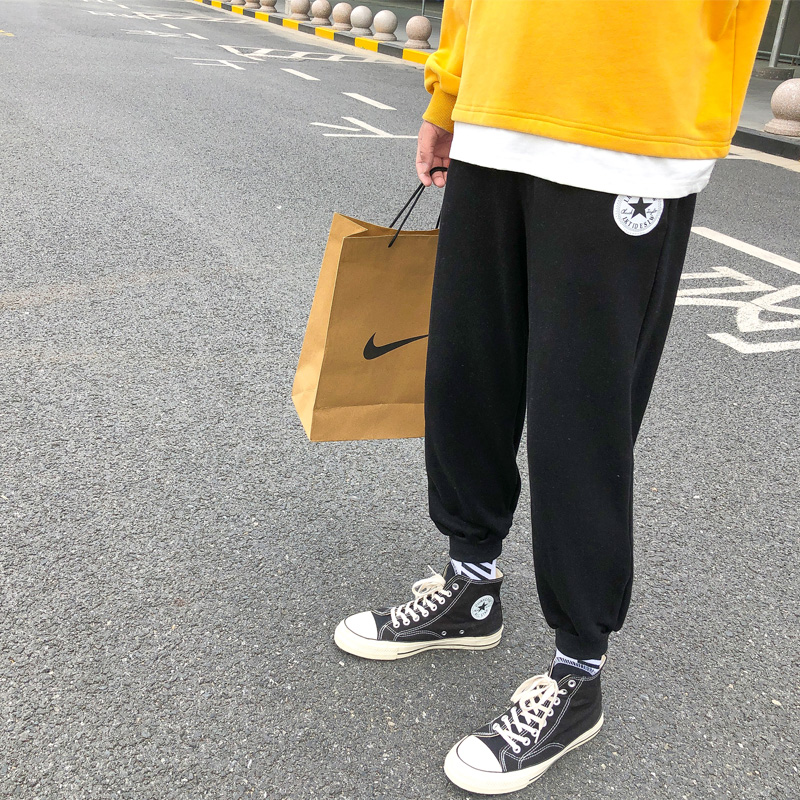 Spring sports pants men's loose toe casual pants high street trend ruffian handsome plus velvet Harlan pants knitted gray pants