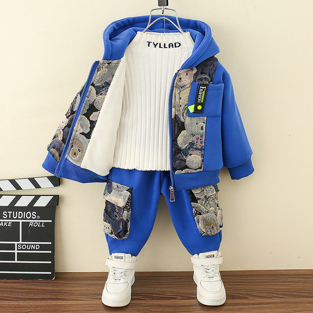 Children's clothing boy fleece suit autumn and winter 2022 new children's winter clothing boy baby thickened net red sports clothes