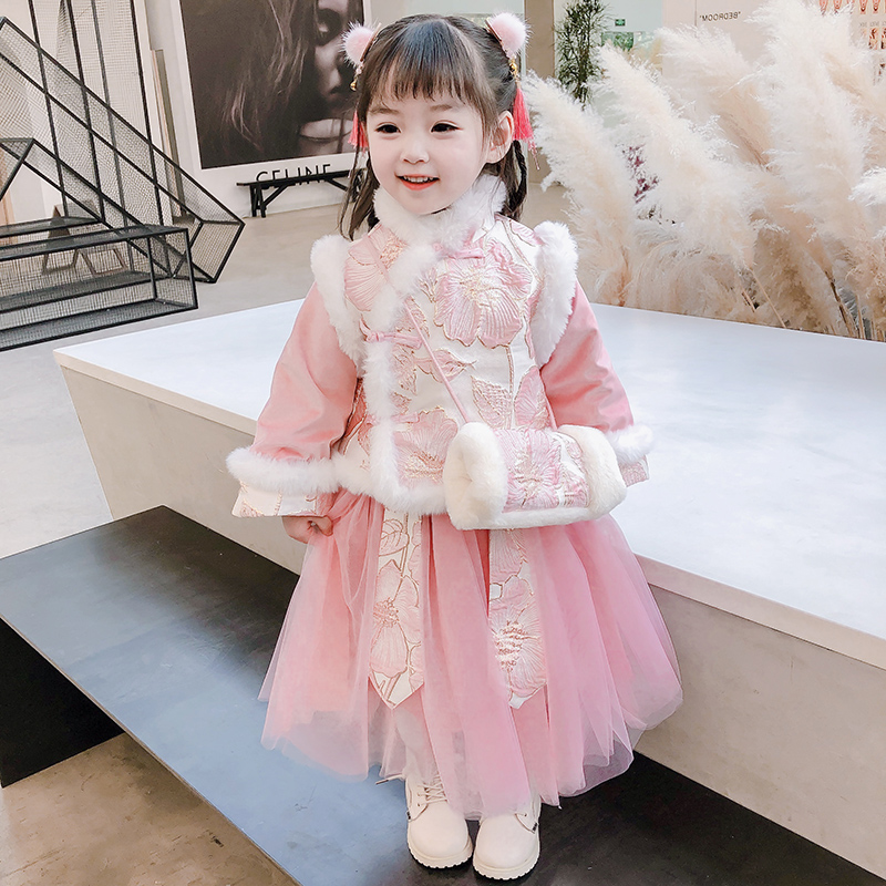 Girls Hanfu New Year Dress Chinese Style Thickening Set Children's Tang Costume Winter Dress One-year-old Baby Girl New Year's Eve Dress