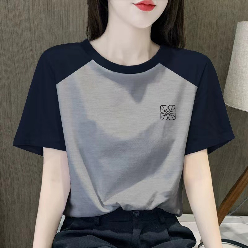 European-Style Color-Block Short-Sleeve T-Shirt for Women, 2026 Summer New Versatile Slim-Fit Loose Casual Pure Cotton Top Trendy