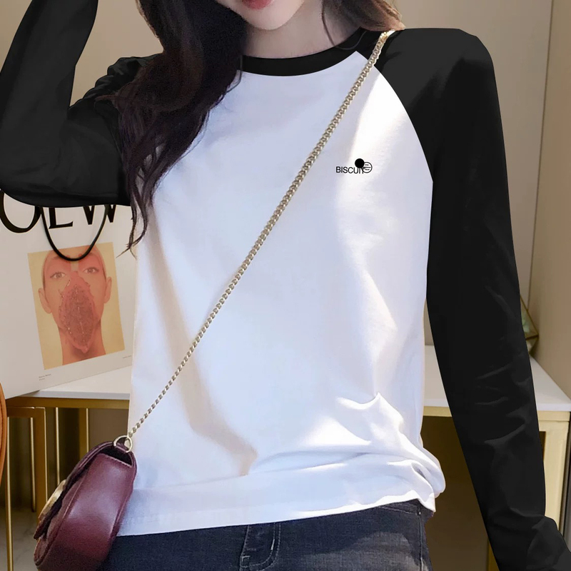 Contrast Color Pure Cotton Loose Raglan New Style Round Neck Long Sleeve T-Shirt 2026 American Style Inner Wear Age-Reducing Base Shirt Women's Top