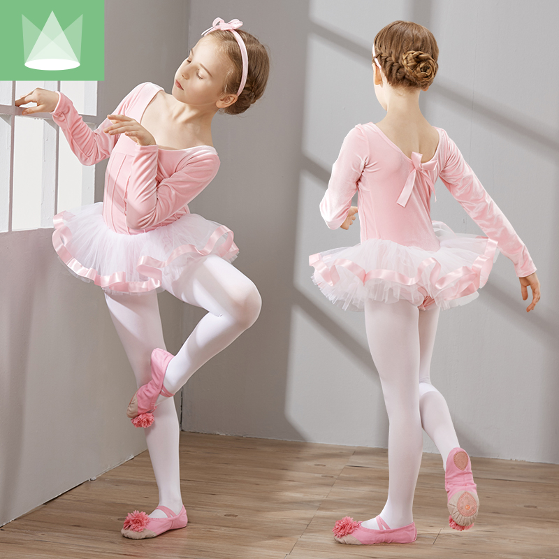 Dance costume children's female practice dress autumn ballet skirt girl long sleeves gold velvet exam baby dancing skirt
