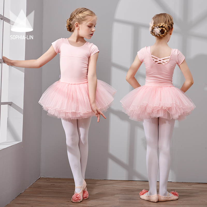 Dance suit Children's female spring and autumn tutu short sleeve dance suit Children's practice suit Girls ' yarn hula clothing summer