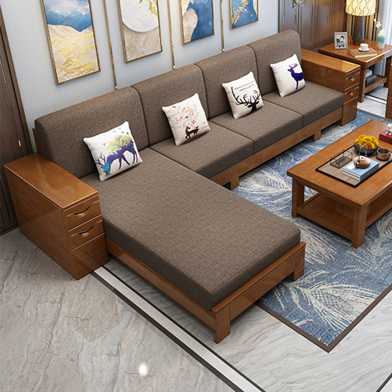 Mingxuan solid wood sofa bed push-pull dual-purpose three-person multi-functional modern Chinese-style small apartment living room combination furniture