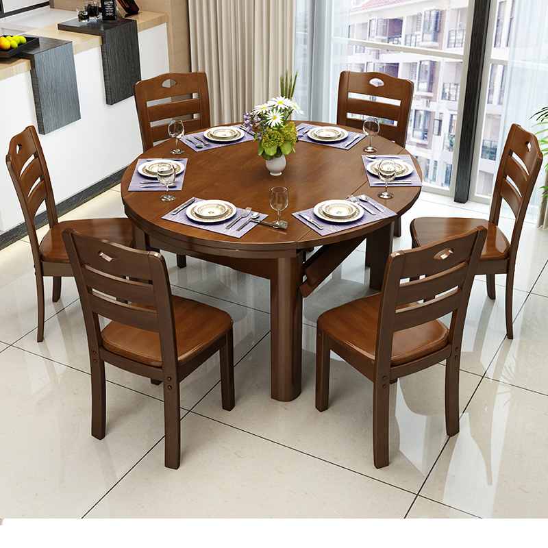 Mingxuan solid wood dining table and chair combination Chinese large round table small apartment dining room household solid wood dining table 46 chairs