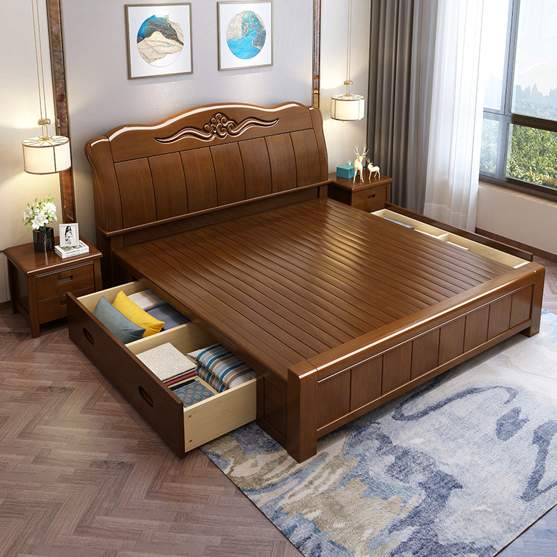Mingxuan solid wood bed luxury all solid wood modern Chinese master bedroom double bed log high box storage wedding bed 1 8 meters