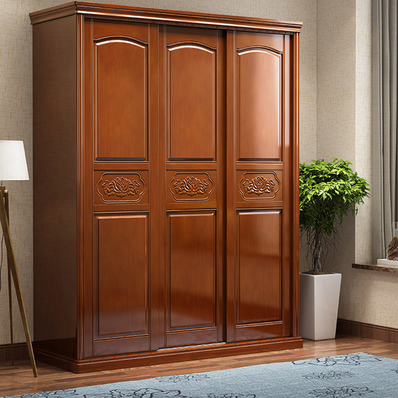 Mingxuan new Chinese-style solid wood wardrobe home small bedroom sliding door storage layered partition large wardrobe
