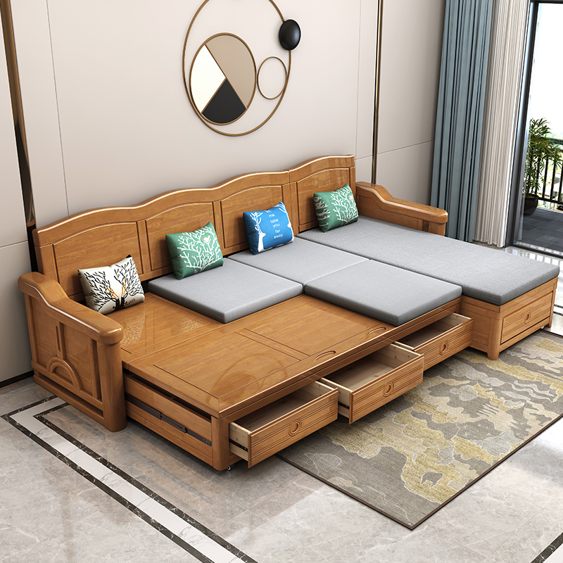 Mingxuan solid wood sofa winter and summer dual-use storage high box sofa bed new Chinese-style large and small apartment living room furniture combination