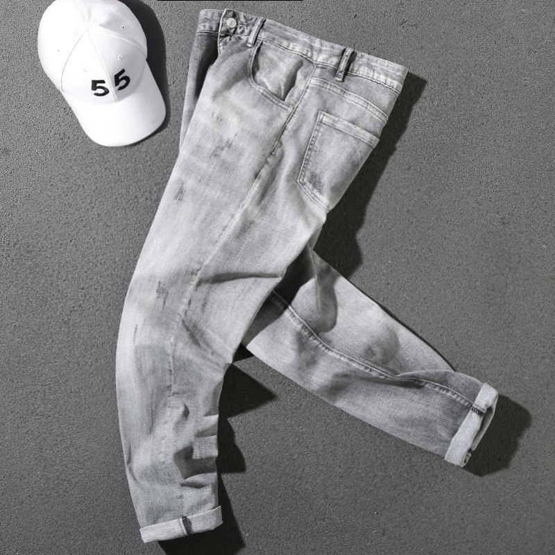 Soot handsome four seasons 2021 spring and summer men's pants slim light gray jeans Korean version trend cigarette pants