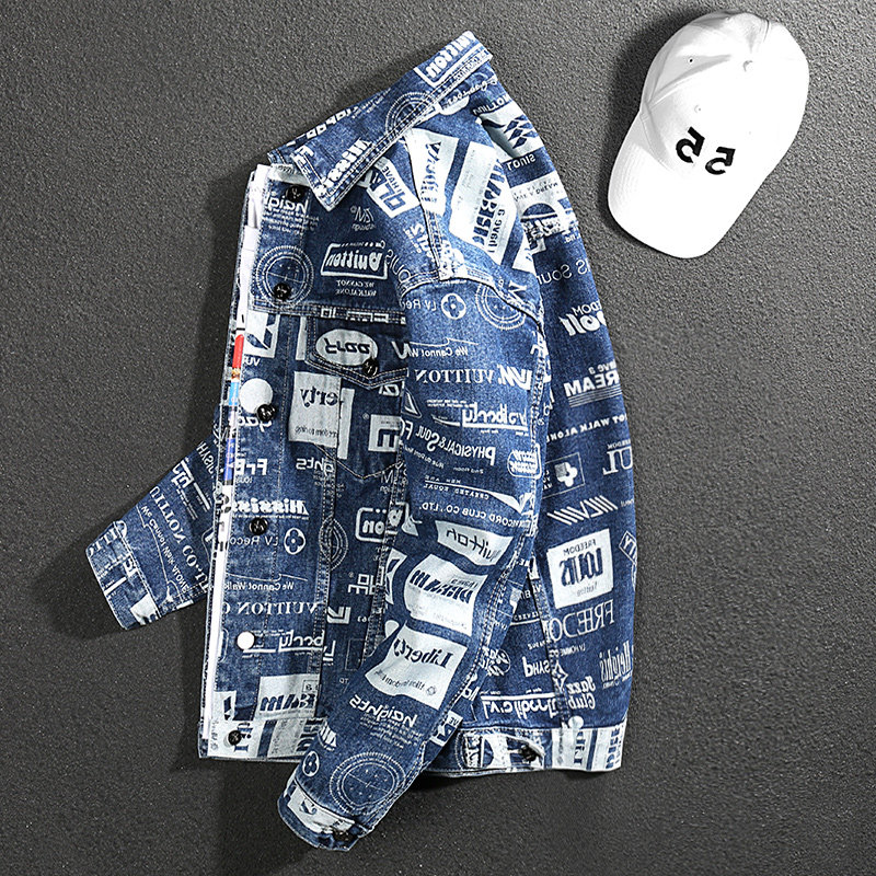 Handsome Spring Autumn Season 2022 Printed Comeback Casual Blouse Locomotive Big Size Code Jacket Trendy Denim Jacket Man